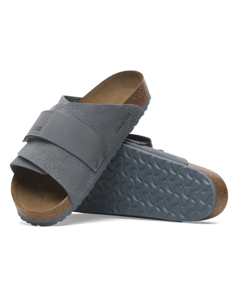 Pack shot af Birkenstock Kyoto Nubuck Leather Suede Blue Sandal på hvid baggrund