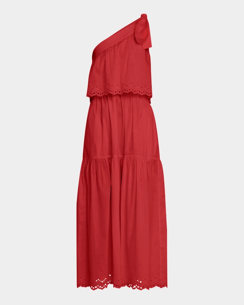 Pack shot af Vanessa Bruno Cora Dress Brique rød one shoulder kjole på neutral baggrund
