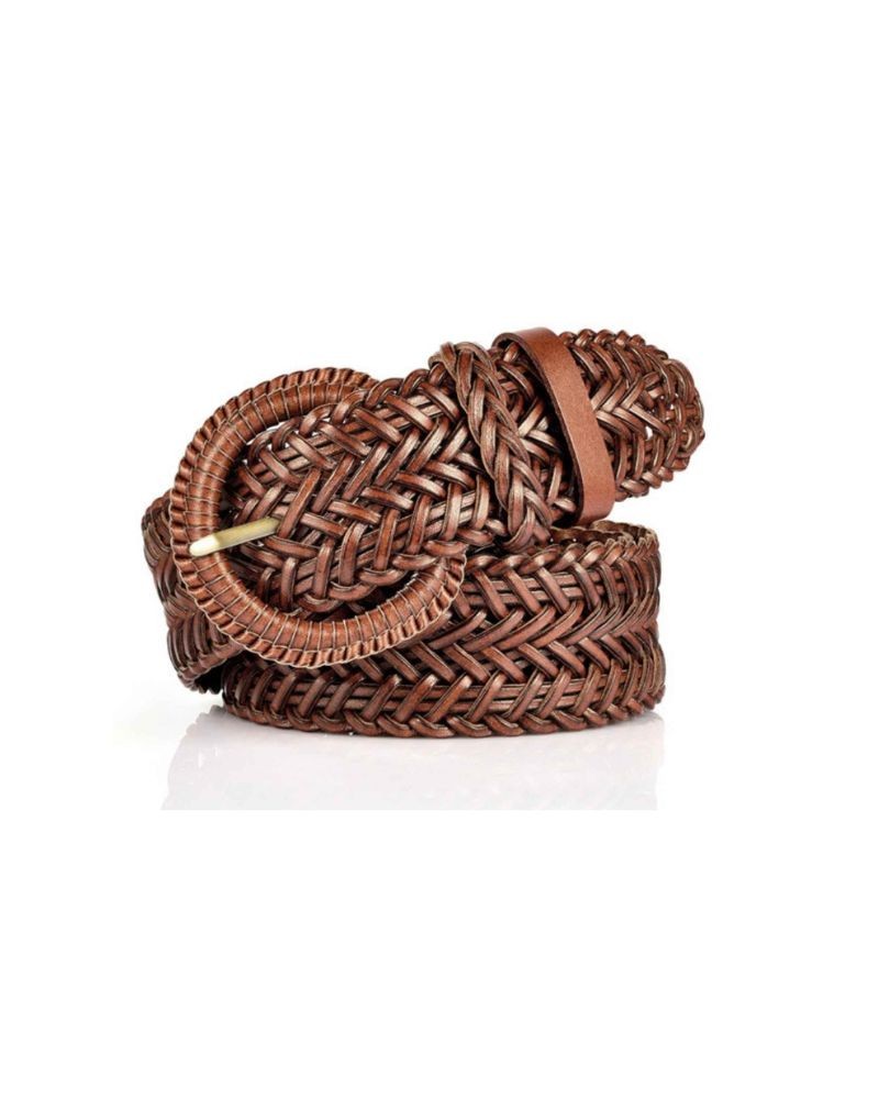 Pack shot af Plissé Copenhagen Gro Belt Cognac Bredt Flet Bælte på neutral baggrund