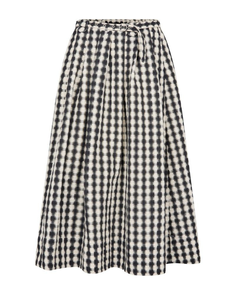 Pack shot af Nué Notes Livorno Skirt Black Creme Check ternet nederdel på hvid baggrund
