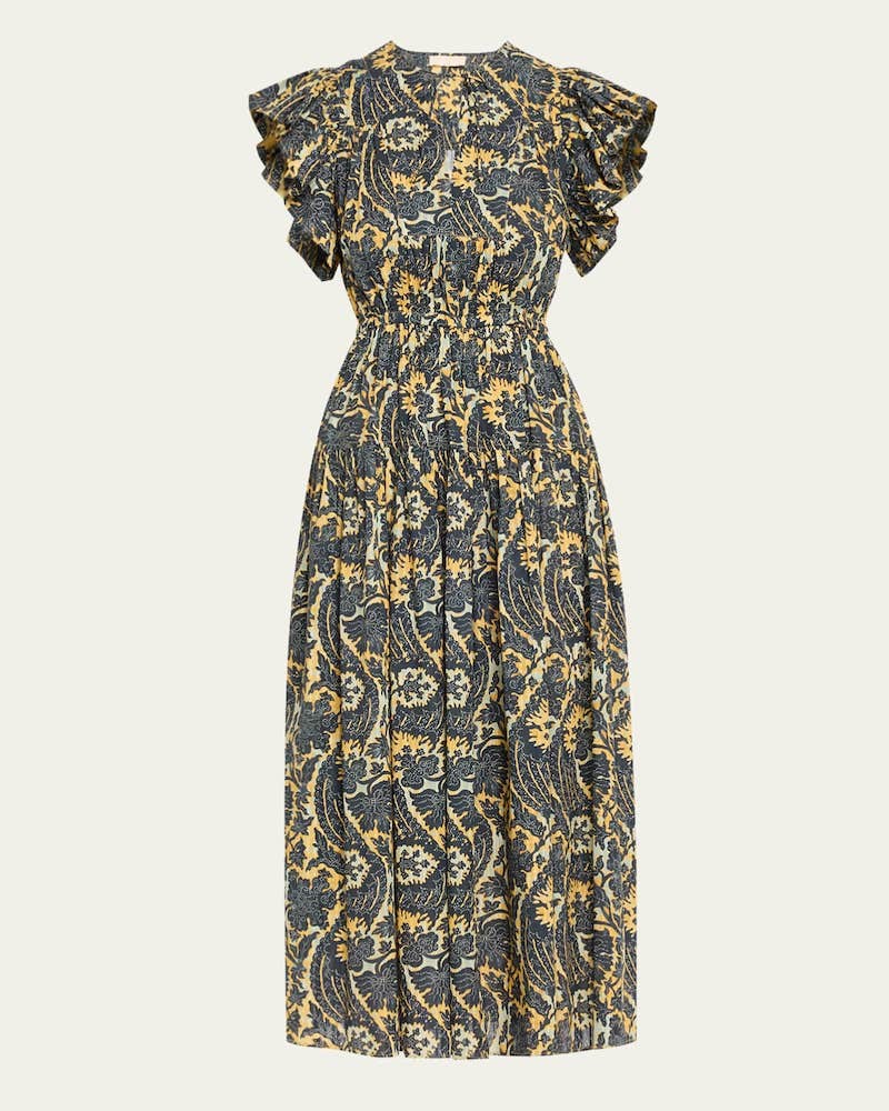 Pack shot af Ulla Johnson Kairi Flutter Sleeve Midi Dress Luna på neutral baggrund