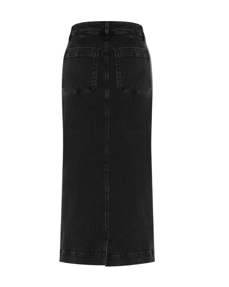 Pack shot af Seafarer Anne går sort denim nederdel set bagfra på neutral baggrund