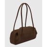 Pack shot af Yuzefi Oyster Shoulder Bag mørkebrun ruskinds taske på neutral baggrund