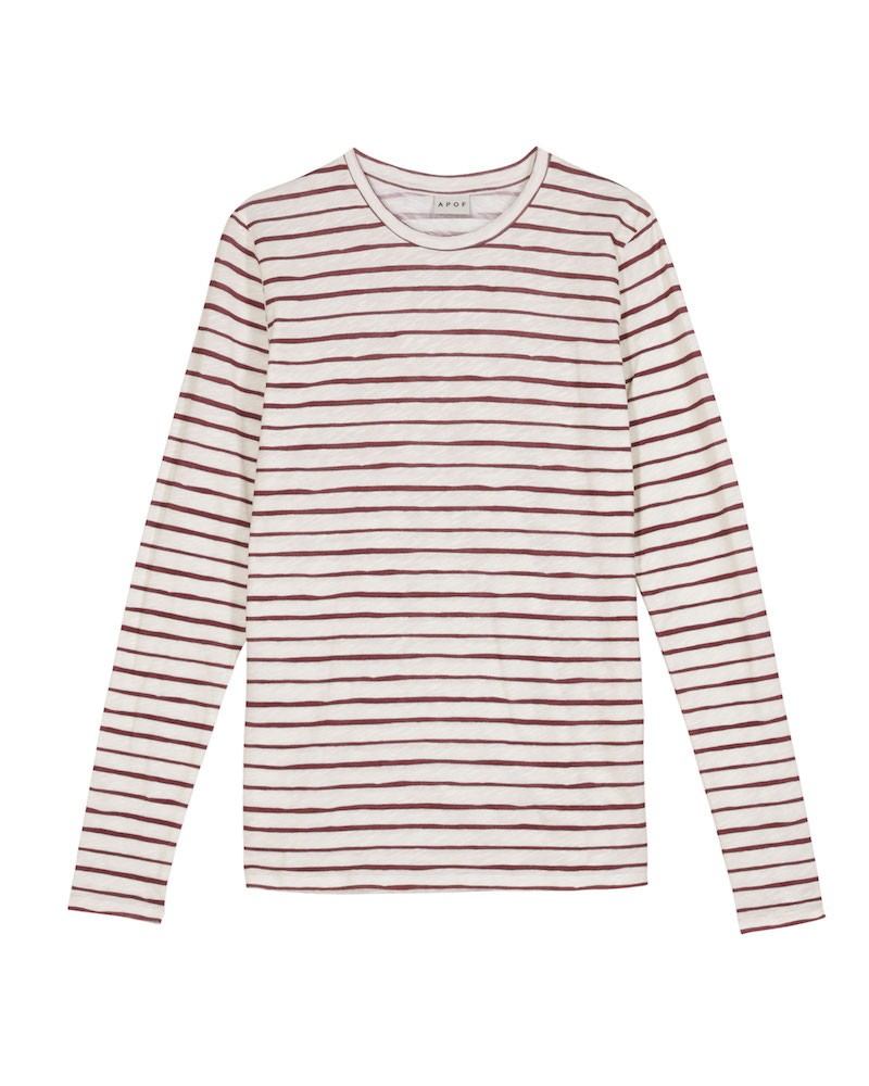 Pack shot af Apof Cinna langærmet t-shirt i ecru med bordeaux smalle striber på hvid baggrund