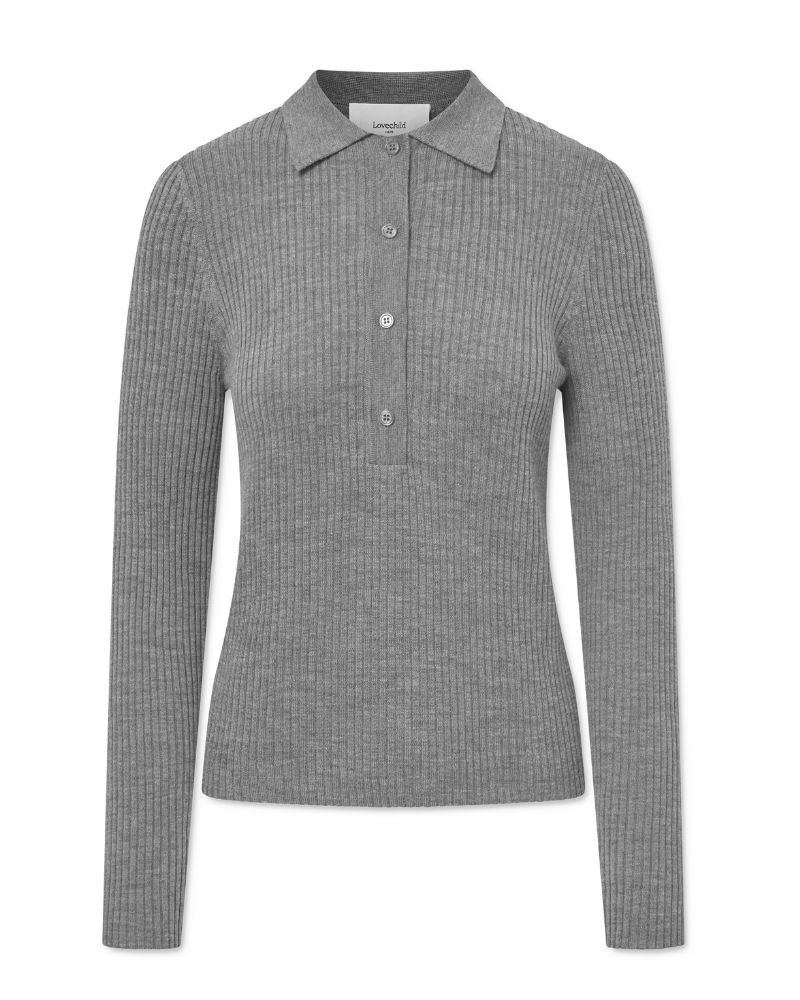 Lovechild 1979 Lisa Blouse Grey Melange langærmet grå polo strik på neutral baggrund