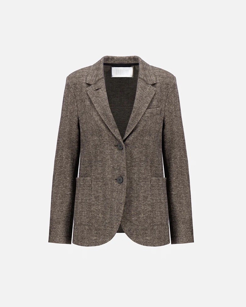 Pack shot af Harris Wharf London Blazer Beige Herringbone på neutral baggrund