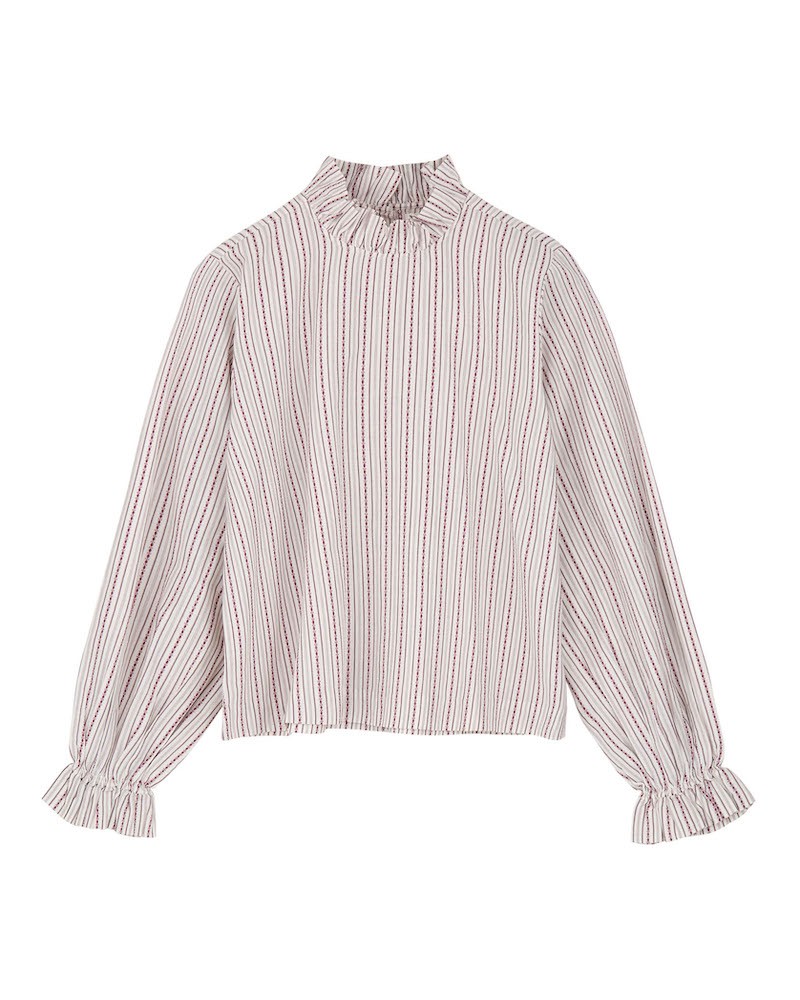 Pack shot Skall Studio Cornflower Blouse Raspberry/Cream Stripe på hvid baggrund