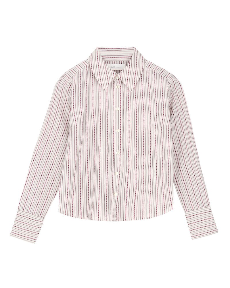Pack shot af Skall Studio Fauna Stribet skjorte Raspberry/Cream Stripe på hvid baggrund