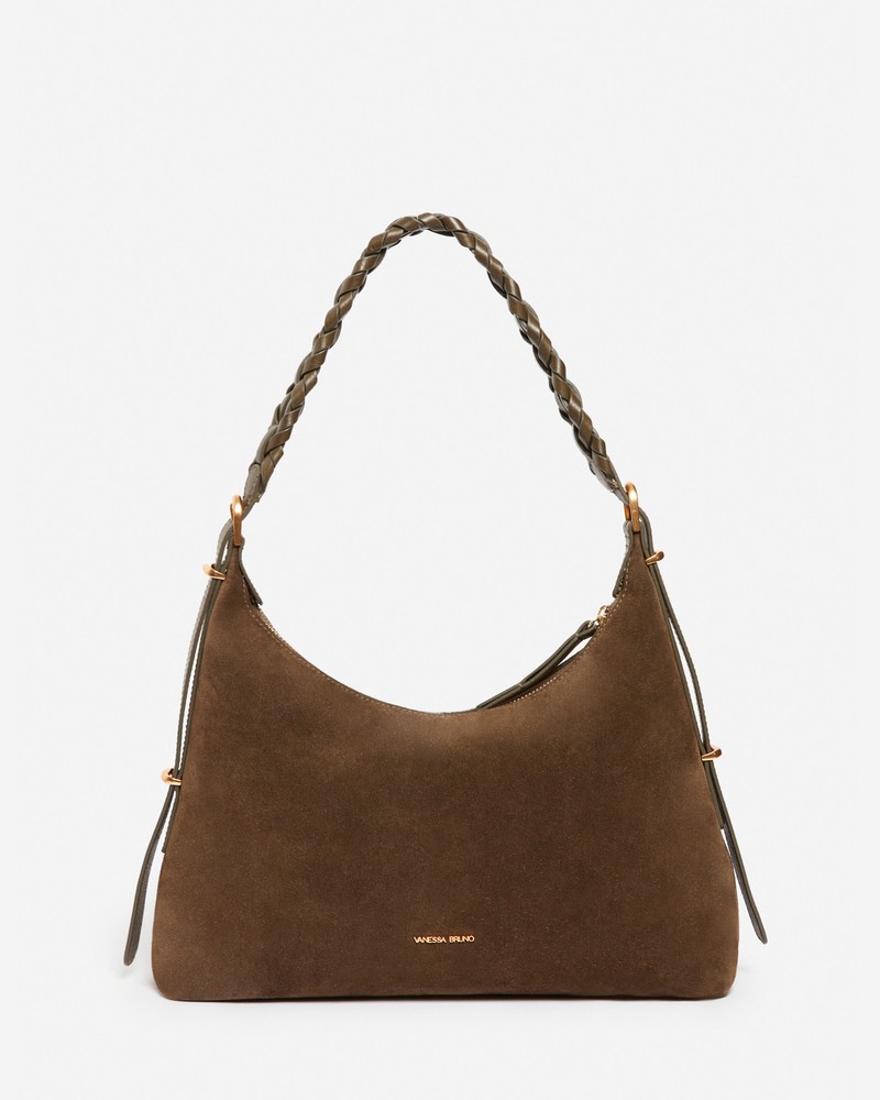 Pack shot af Vanessa Bruno Jess PM taske khaki ruskind på neutral baggrund