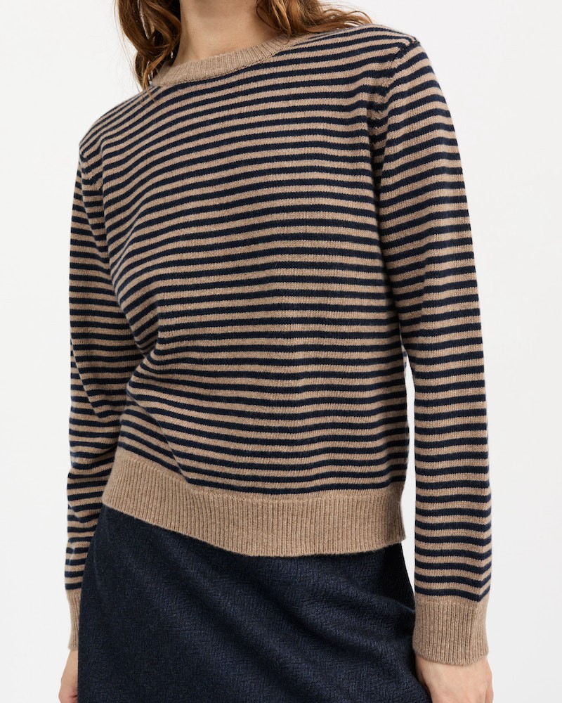 Skall Studio Cameron Jumper Brown Navy Stripe på model