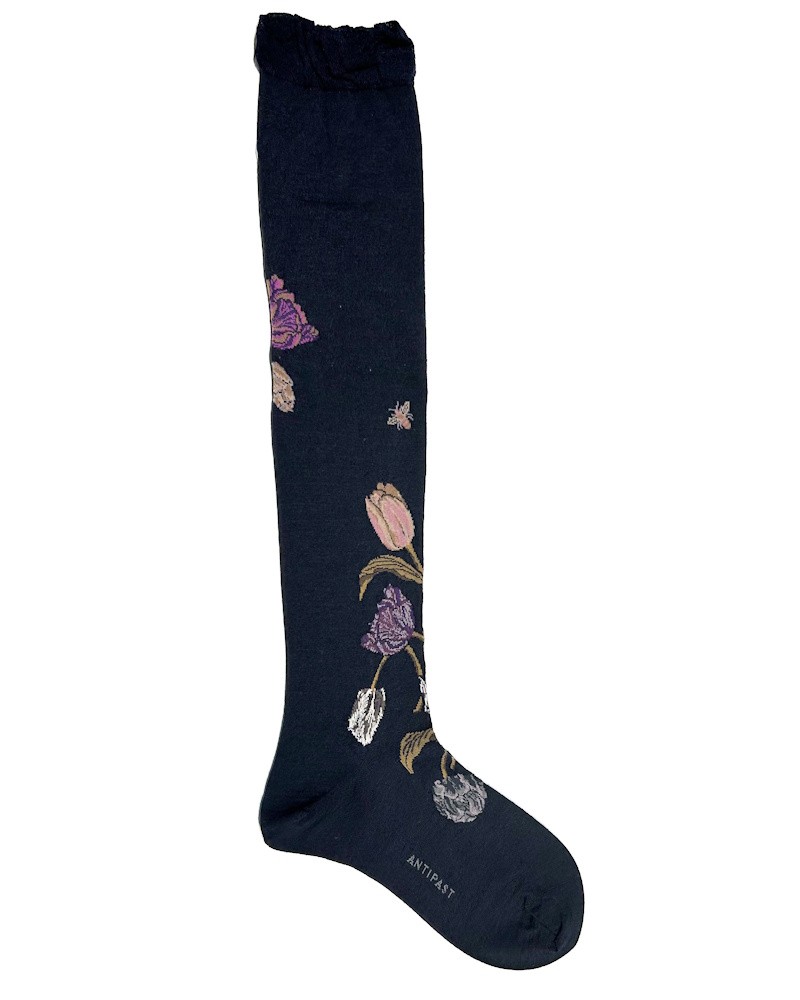 Pack shot af Antipast AM-805HS Bouquet Tulip Knee Socks Navy på hvid baggrund