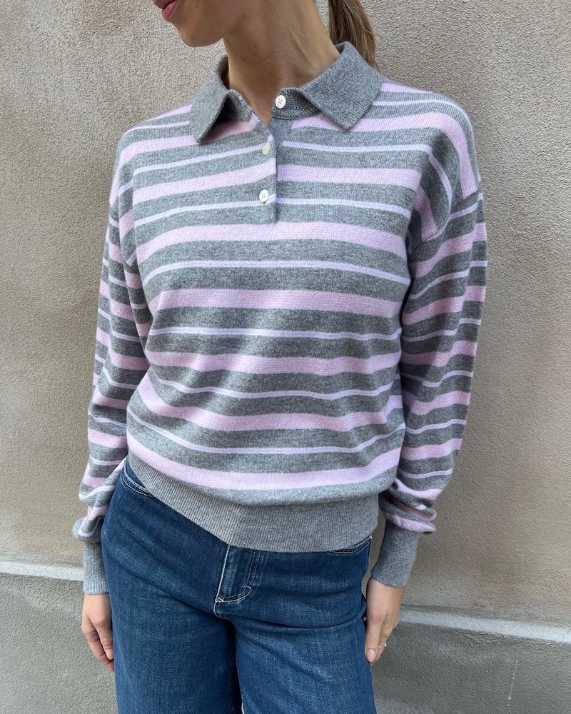 Model billede af Guest In Residence Collegiate Stripe Polo Heather Grey Combo