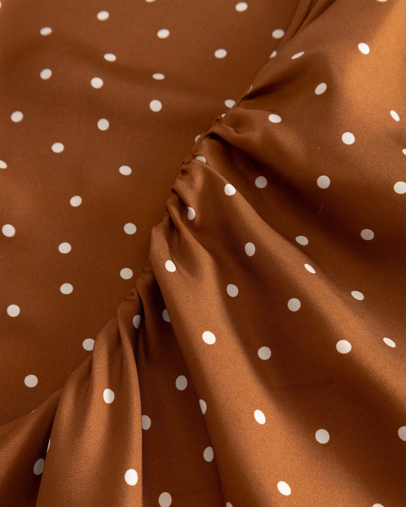 Close up af Lovechild 1979 Noor Dress Caramel Dot Print