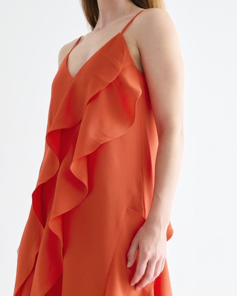 Close up på model billede af Lovechild 1979 Edith Dress Fiery Red