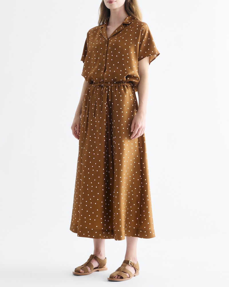 Model billedea f Birna Blouse Caramel Dot Print og Sallie nederdel