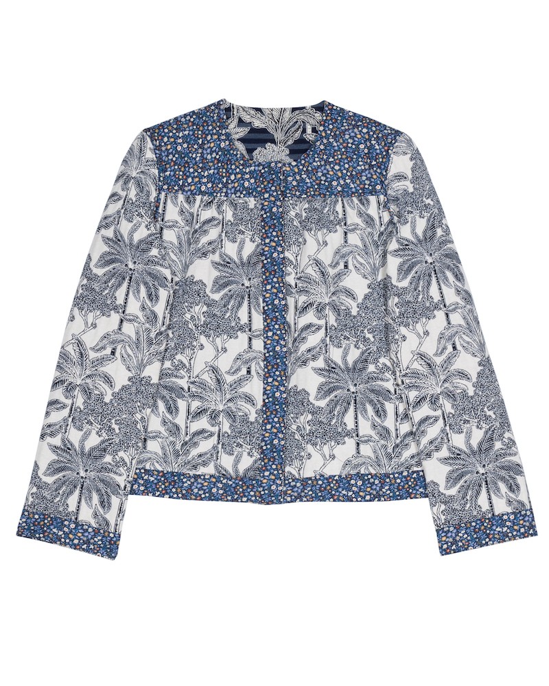 Pack shot af Apof Rose Jacket Blue Palm Escape vendbar jakke på neutral baggrund