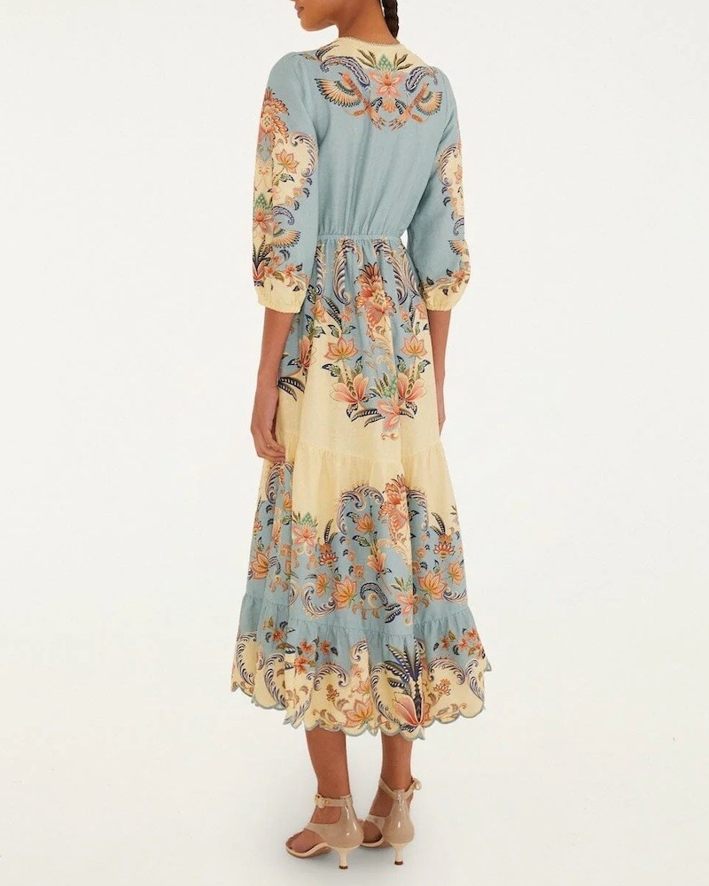 Model billede af Farm Rio Butter Yellow Boho Beauty Maxi Dress bagfra