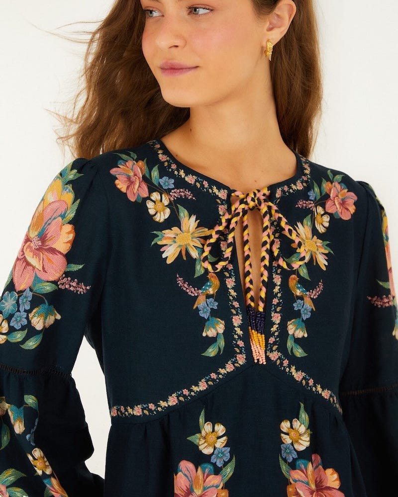 Detalje billede af Farm Rio Maira Floral Mini Dress Dark Blue på model