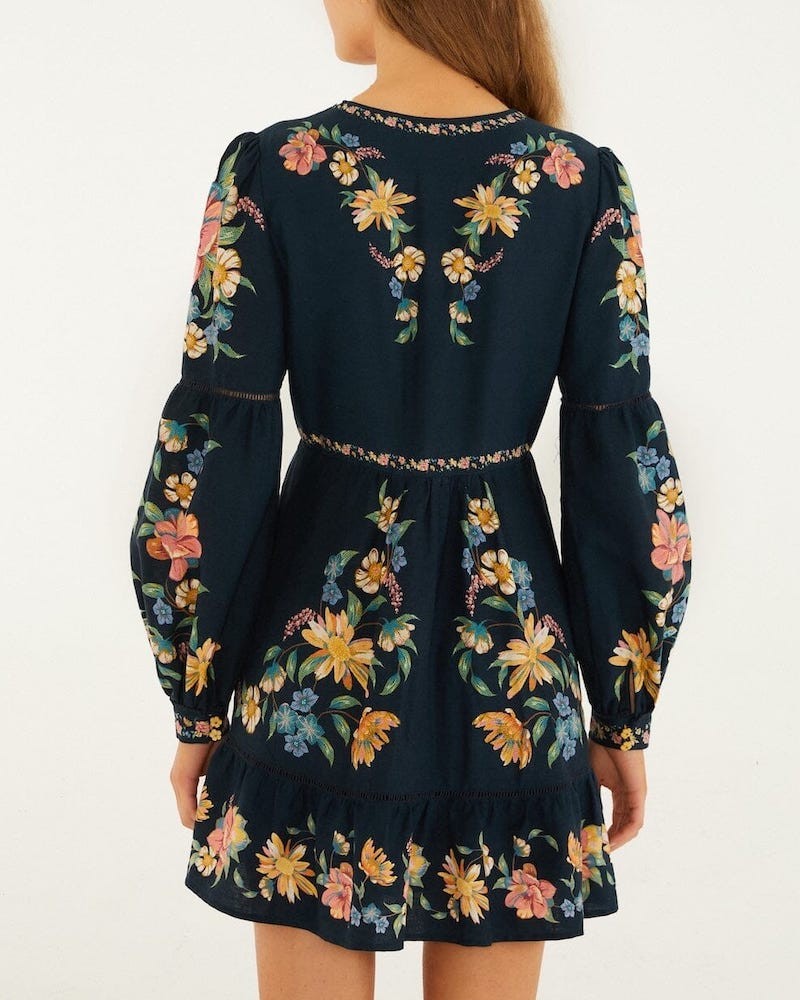 Farm Rio Maira Floral Mini Dress Dark Blue på model set bagfra
