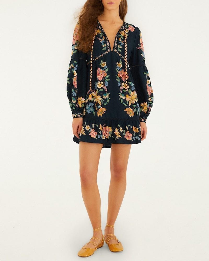 Farm Rio Maira Floral Mini Dress Dark Blue på model