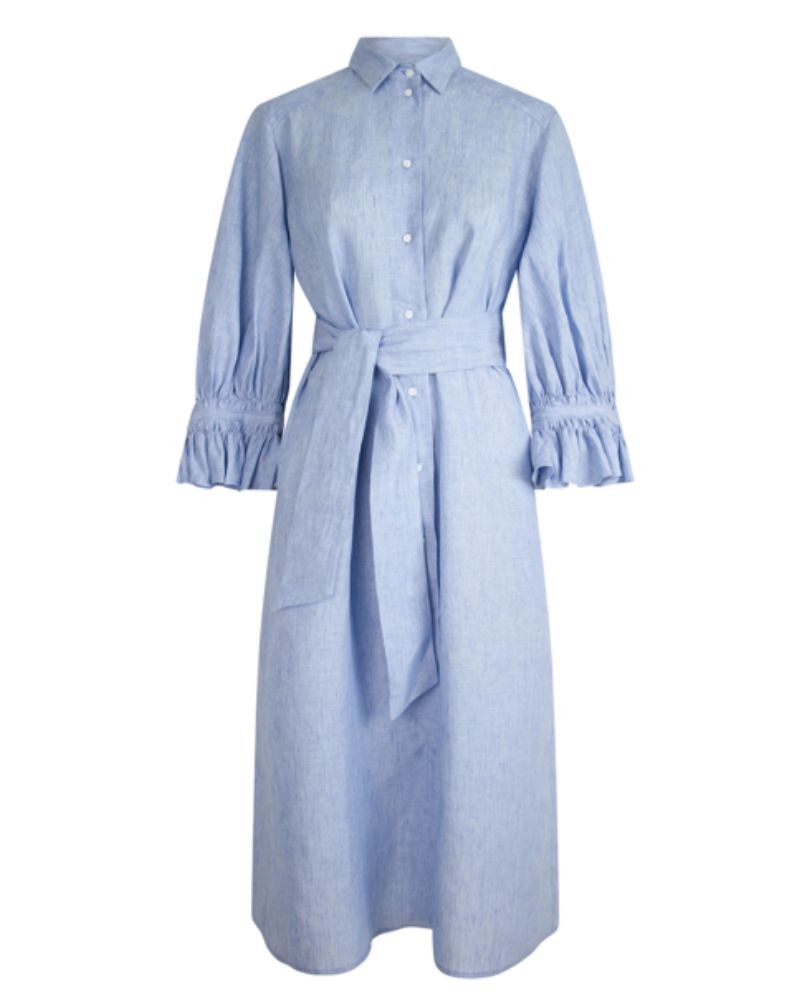 Pack shot af Britt Sisseck Beel Dress Linen Blue lyseblå hørkjole med bælte