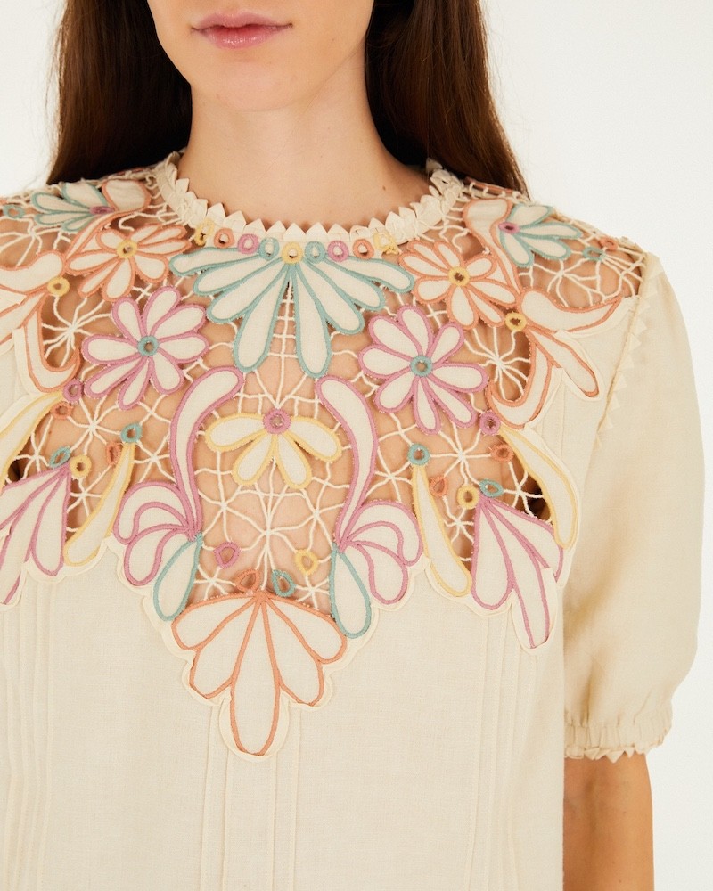Close up af  Farm Rio Blouse Embroidery SS Ecru