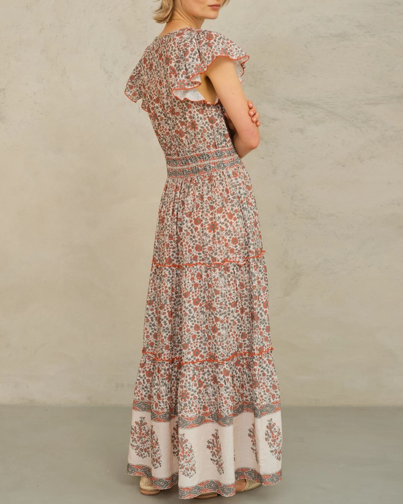 Model billede bagfra af M.A.B.E Della Print Maxi Dress Rust/Khaki
